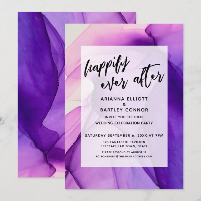 Invitación Recepción de Boda de Purple Inks Felices para Siem (Anverso / Reverso)