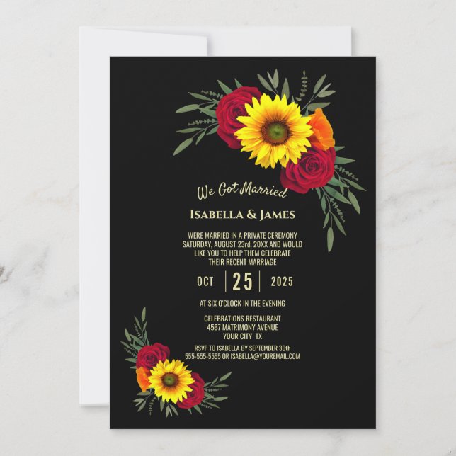 Invitación Recepción de boda de rosa de Burdeos y girasol neg (Anverso)