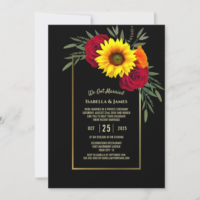 Invitación Recepción de Boda de Rosa de Girasol de Oro Negro (Anverso)