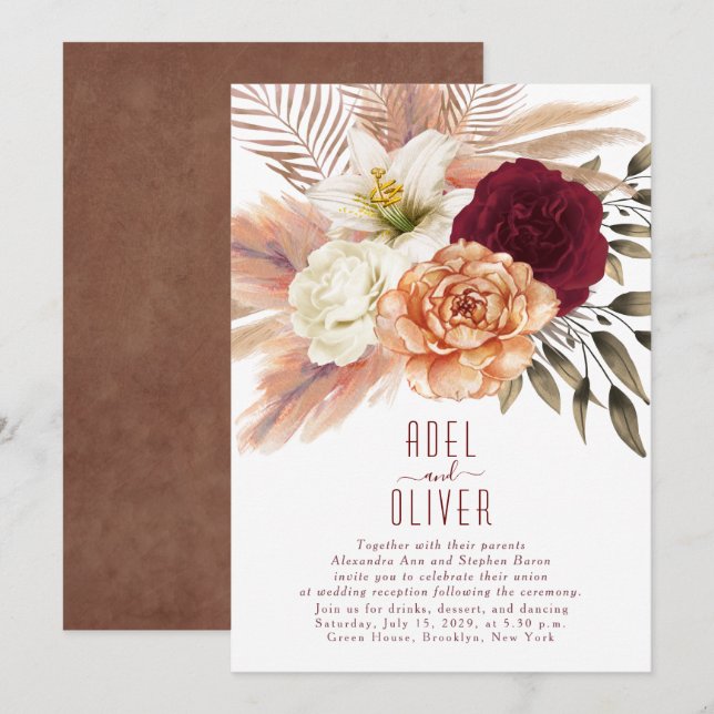 Invitación Recepción de Boda de Terracota Floral Bohemio (Anverso / Reverso)