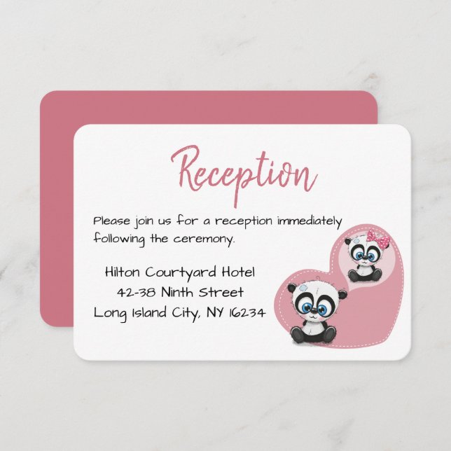 Invitación Recepción de Boda del Oso Panda de Corazón Rosa (Anverso / Reverso)