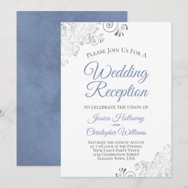 Invitación Recepción de boda Dusty Blue con encaje de plata s (Anverso / Reverso)