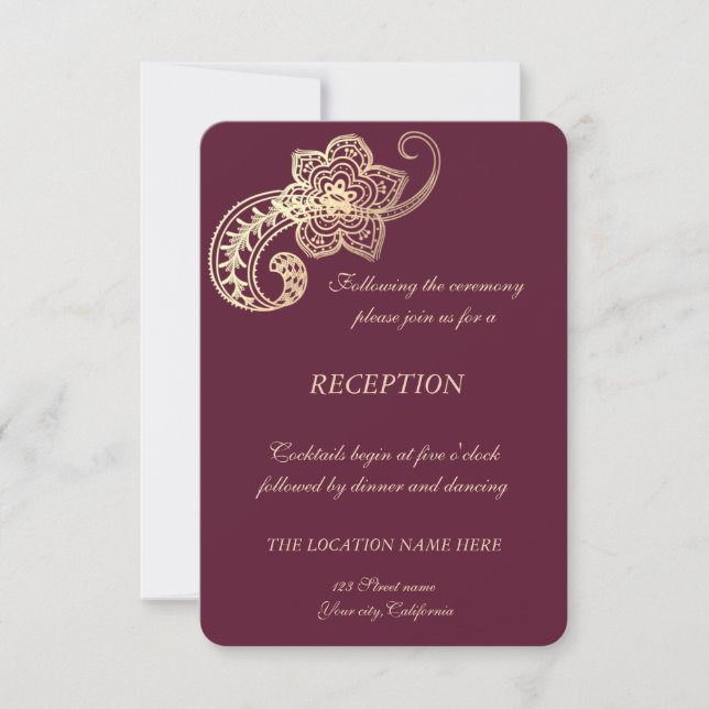 Invitación Recepción de Boda Elegante Chic Dorado Paisley (Anverso)