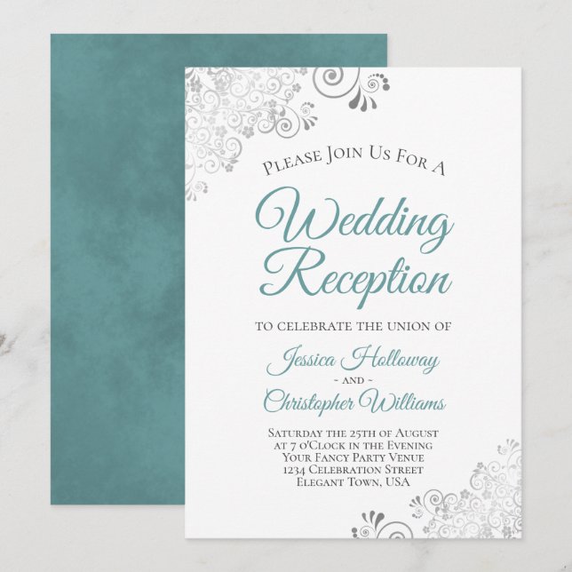 Invitación Recepción de boda elegante con encaje de plata y b (Anverso / Reverso)