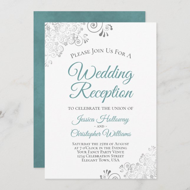 Invitación Recepción de boda elegante con encaje plateado y b (Anverso / Reverso)
