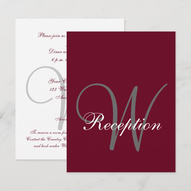 Invitación Recepción de Boda Elegante con Monograma Gris Burd (Anverso / Reverso)