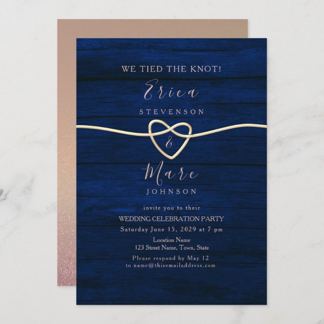 Invitación Recepción de boda elegante en oro y azul marino (Anverso / Reverso)