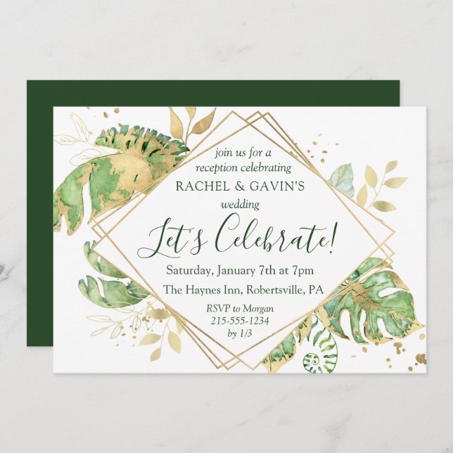 Invitación Recepción de Boda Elegante Huida Tropical (Anverso / Reverso)