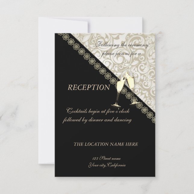 Invitación Recepción de boda elegante negro, damasco (Anverso)