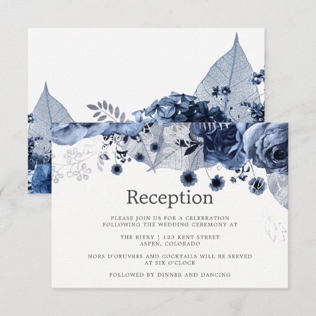 Invitación Recepción de Boda en Azul Marino y Blanco con Flor (Anverso / Reverso)