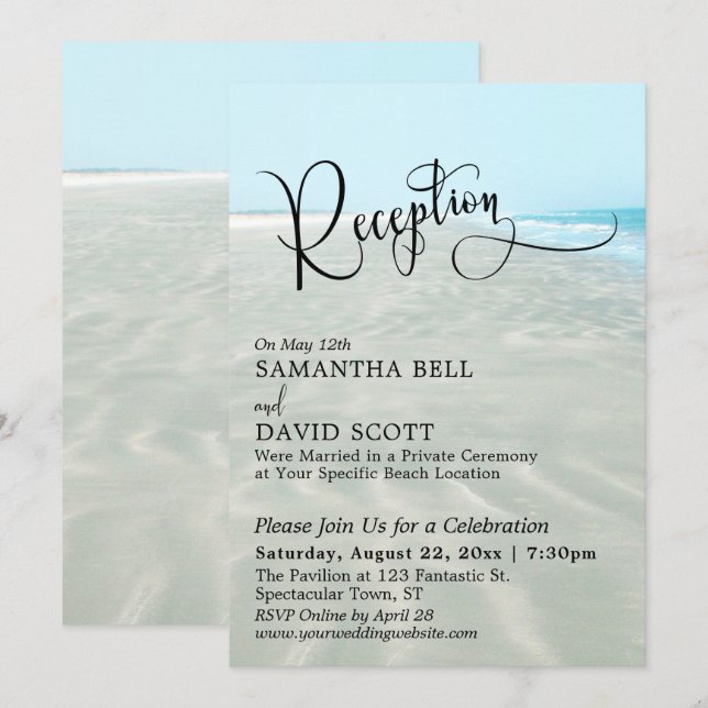 Invitación Recepción de Boda en la Playa con Agua Acuática y  (Anverso / Reverso)