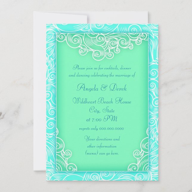 Invitación Recepción de Boda en la Playa Olas Aqua y Verde (Anverso)