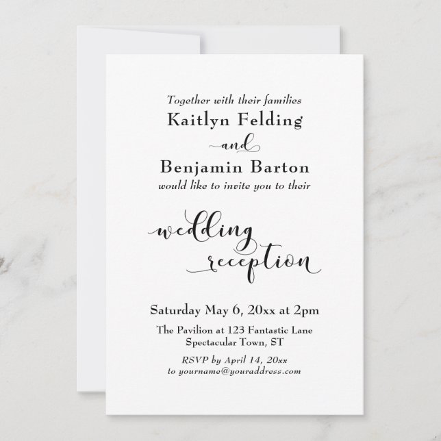Invitación Recepción de Boda Escritura Sencilla Negra Blanca  (Anverso)