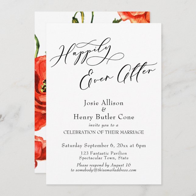 Invitación Recepción de Boda Felices para Siempre, Amapolas R (Anverso / Reverso)