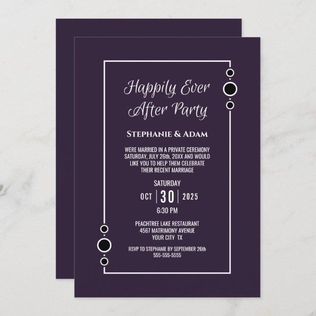 Invitación Recepción de Boda Felices para Siempre Morado Blan (Anverso / Reverso)