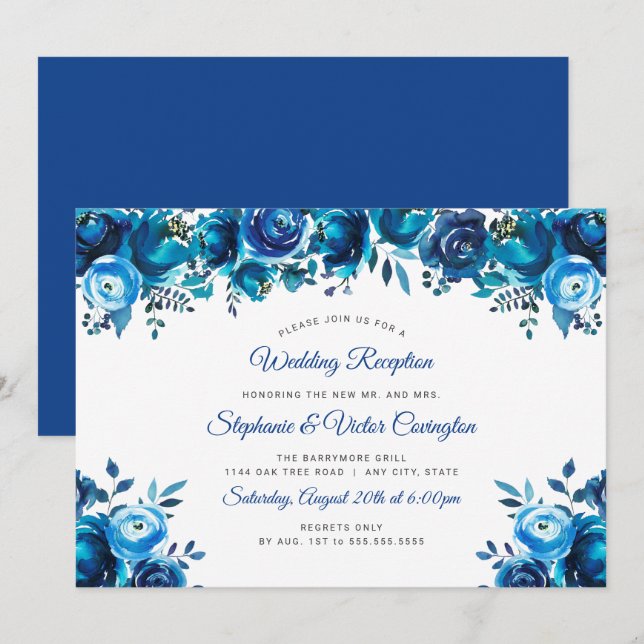 Invitación recepción de boda floral acuarela azul añil (Anverso / Reverso)