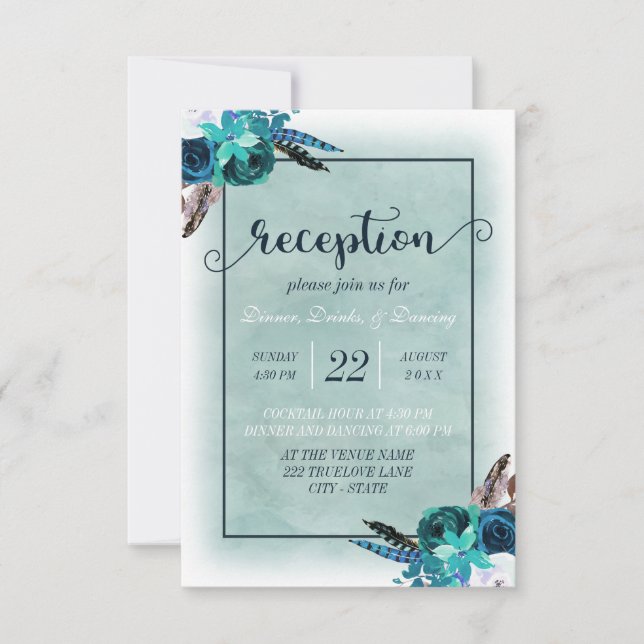Invitación Recepción de Boda Floral Acuarela Azul Marino (Anverso)