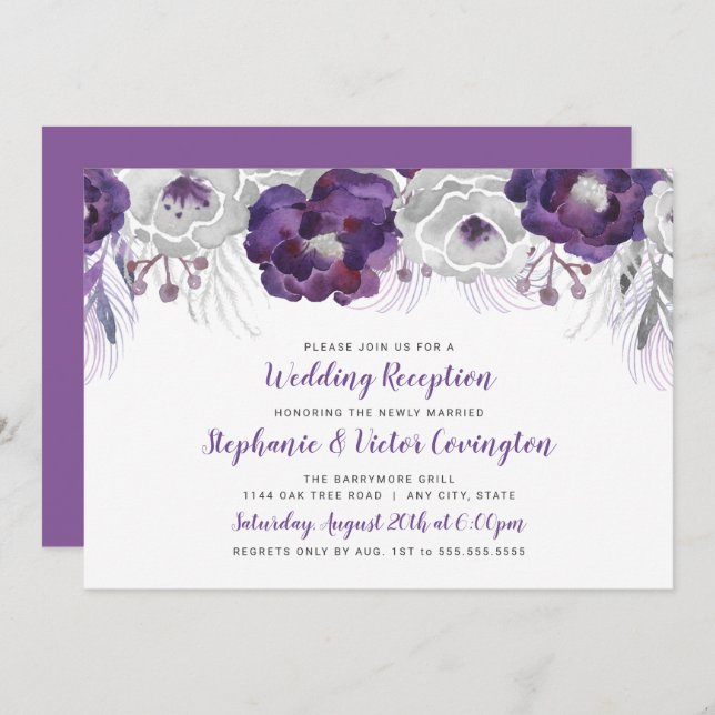 Invitación Recepción de boda floral acuarela plateada púrpura (Anverso / Reverso)