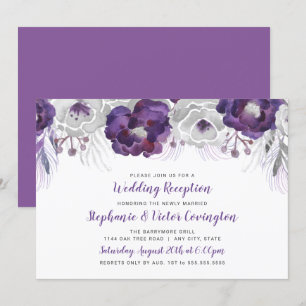 Invitación Recepción de boda floral acuarela plateada púrpura