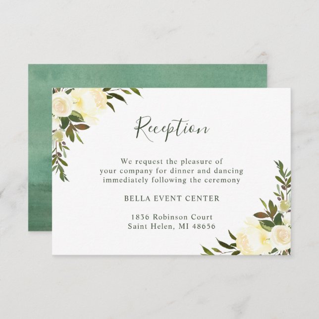 Invitación Recepción de Boda Floral Acuarela Verde marfil (Anverso / Reverso)