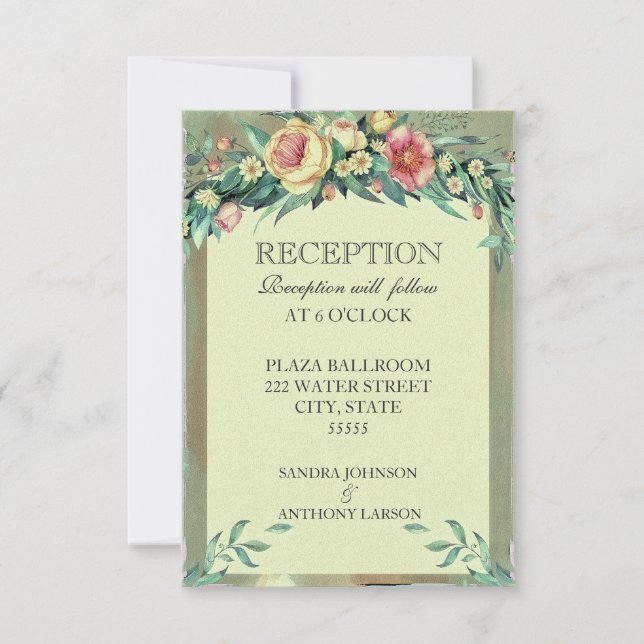 Invitación Recepción de Boda Floral Acuarela Verde y Rosa (Anverso)