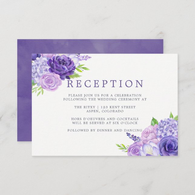Invitación Recepción de Boda Floral Acuarela Violeta Ultra (Anverso / Reverso)