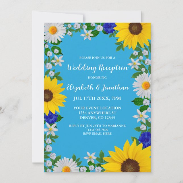 Invitación Recepción de Boda Floral Azul en el cielo de veran (Anverso)