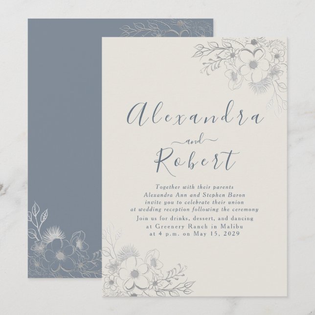 Invitación Recepción de Boda Floral Azul Polvoriento Elegante (Anverso / Reverso)