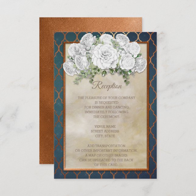 Invitación Recepción de Boda Floral Blanco Cobre Turquesa Ele (Anverso / Reverso)