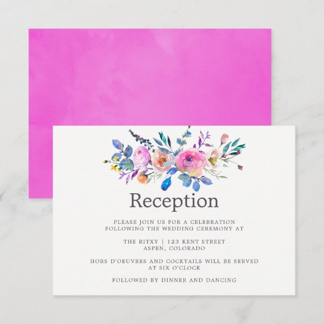 Invitación Recepción de Boda Floral con Acuarela Rosa Fucsia (Anverso / Reverso)