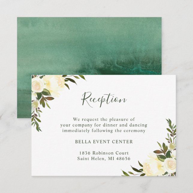 Invitación Recepción de Boda Floral de Acuarela Verde (Anverso / Reverso)