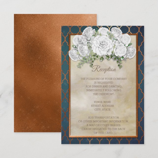 Invitación Recepción de Boda Floral de Cobre Turquesa Elegant (Anverso / Reverso)