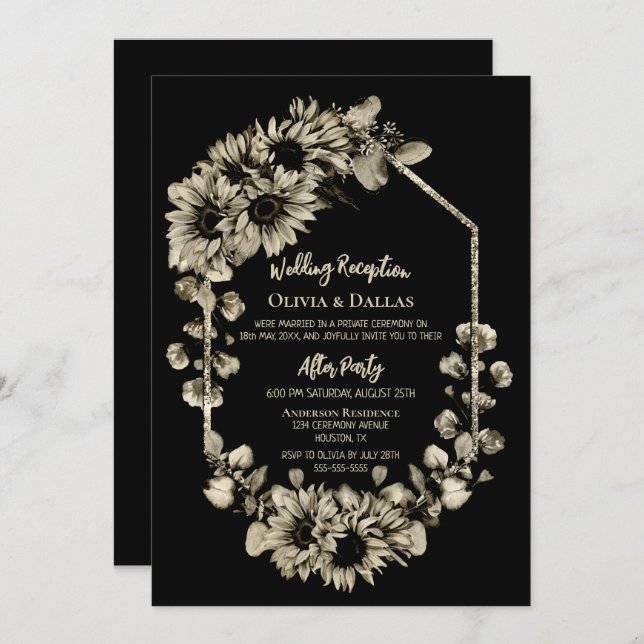 Invitación Recepción de Boda Floral de Girasol Negro (Anverso / Reverso)