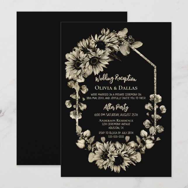 Invitación Recepción de Boda Floral de Girasoles Negros (Anverso / Reverso)