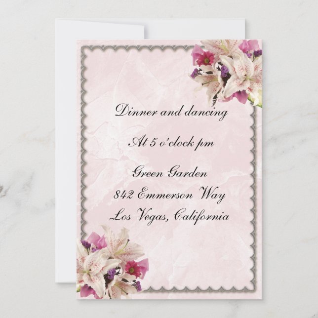 Invitación Recepción de Boda Floral de Lirio Blanco Mármol Ro (Anverso)