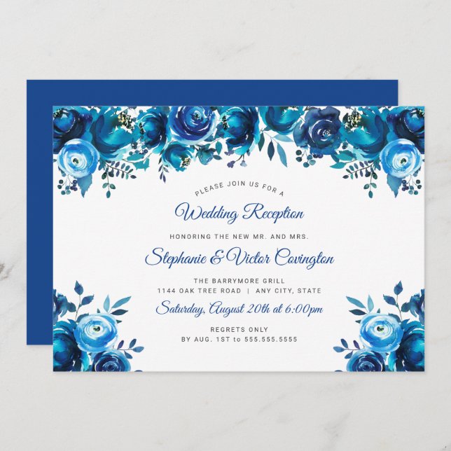 Invitación Recepción de boda floral en acuarela azul índigo (Anverso / Reverso)