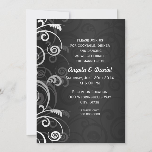 Invitación Recepción de Boda Floral Moderna en Blanco y Negro (Anverso)