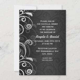 Invitación Recepción de boda floral moderna en blanco y negro