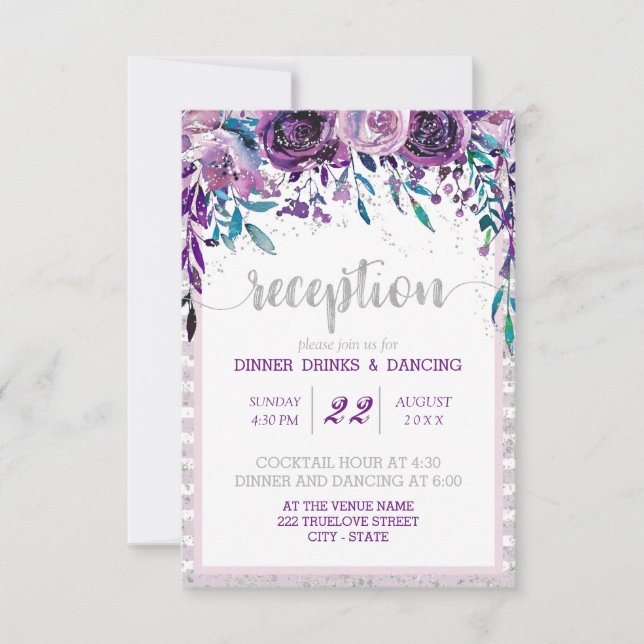 Invitación Recepción de Boda Floral Morado y Plateado (Anverso)