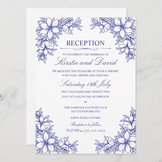 Invitación Recepción de Boda Floral Ornada Azul (Anverso / Reverso)