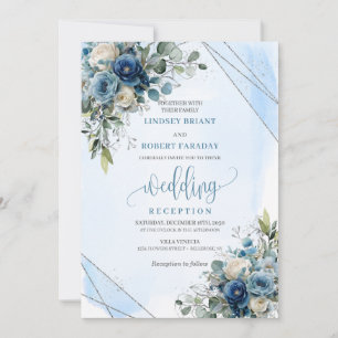 Invitación Recepción de Boda Floral Plateada Azul Polvorienta