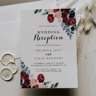 Invitación Recepción de Boda Floral Rosa Borgoña y Azul Marin