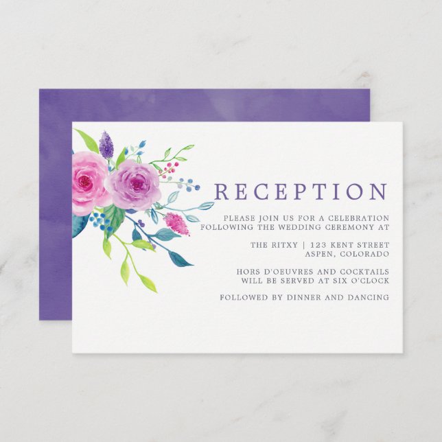 Invitación Recepción de boda floral rosa con acuarela (Anverso / Reverso)