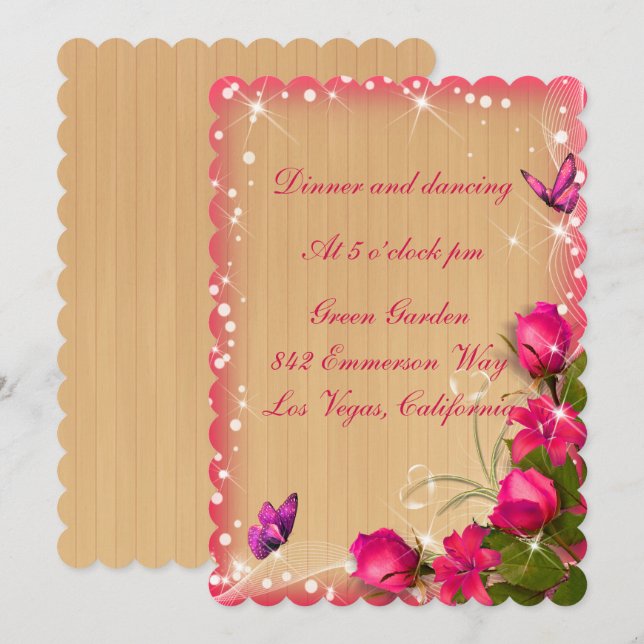 Invitación Recepción de Boda Floral Rosa de Madera Rústica (Anverso / Reverso)
