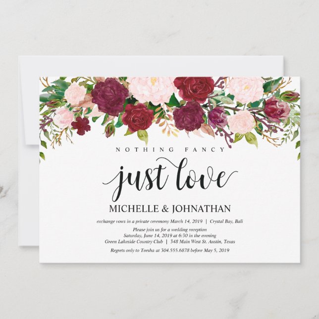 Invitación Recepción de boda floral rosa Marsala Elopement (Anverso)