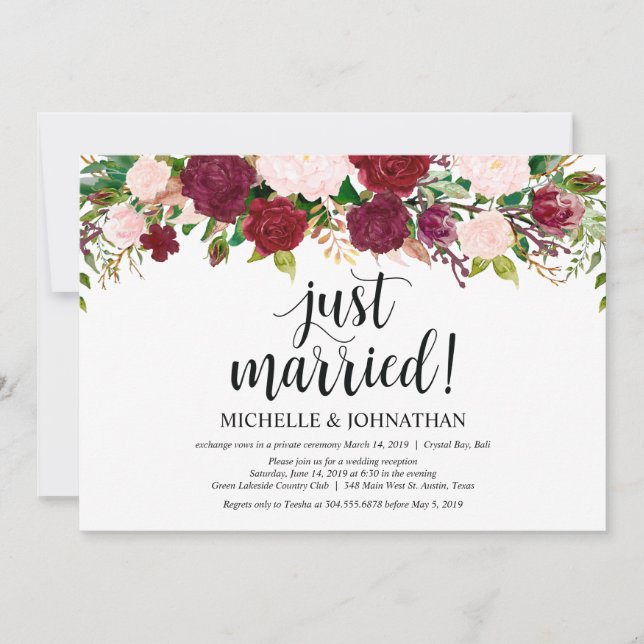 Invitación Recepción de boda floral rosa Marsala Elopement (Anverso)