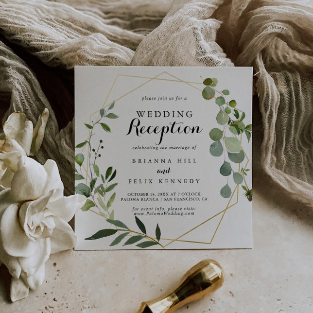 Invitación Recepción de boda geométrica dorada tropical verde (Subido por el creador)