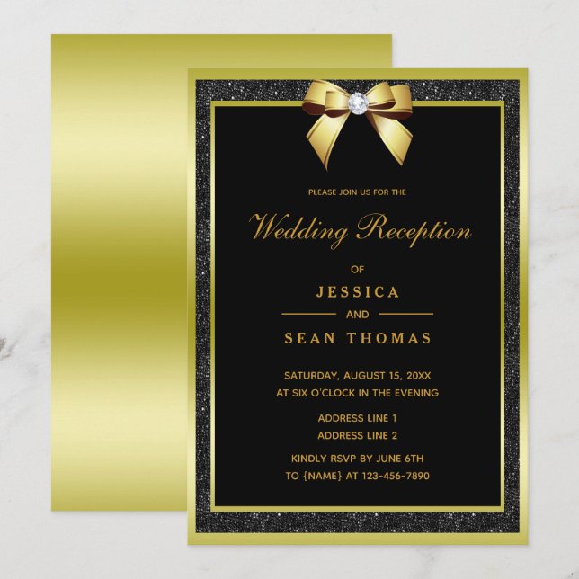Invitación Recepción de Boda Glam Gold Bow y Brillo Negro (Anverso / Reverso)