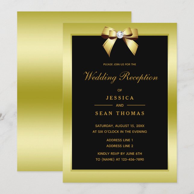 Invitación Recepción de Boda Glam Gold Bow y Negro (Anverso / Reverso)