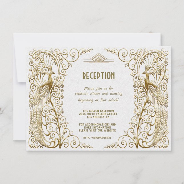 Invitación Recepción de boda Glam White Gold Art Deco Peacock (Anverso)
